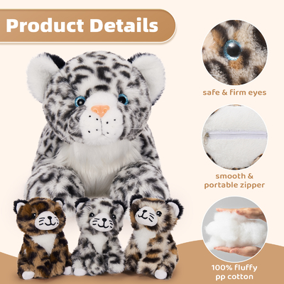 Christmas Birthday Gift Set 4pcs Snow Leopard Stuffed Animals Cheetah Plushies 3 Cubs Mama Baby Cheetah  Girls and Kids