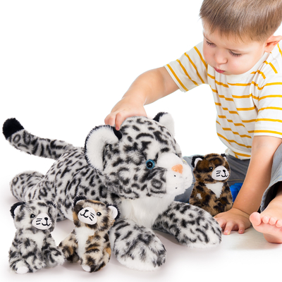 Christmas Birthday Gift Set 4pcs Snow Leopard Stuffed Animals Cheetah Plushies 3 Cubs Mama Baby Cheetah  Girls and Kids