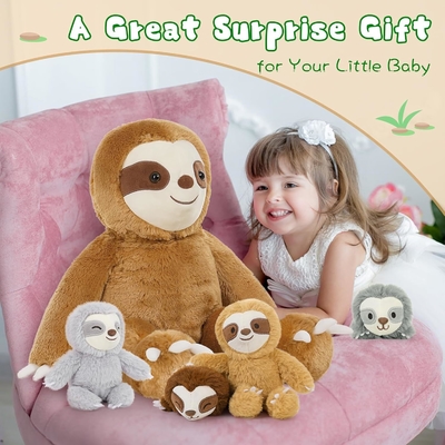 Large 22in Cute Lazy Sloth Stuffed Animal Toy 5pcs Mommy and 4 Baby Sloths Plush Perfect Birthday Gift Kids Boys Girls