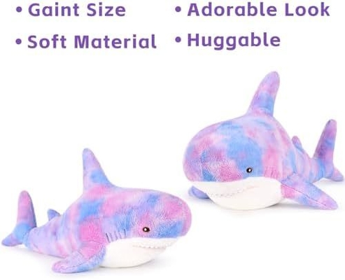 MorisMos Purple 40in Giant Shark Plush Pillow Soft Cotton Kids' Stuffed Animal Toy with PP Filling Cute Chubby Shark