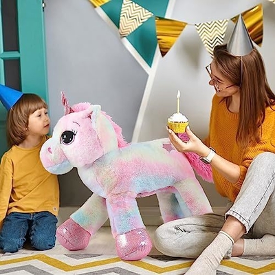 MorisMos 32in Giant Rainbow Pink Unicorn Stuffed Animals Soft Cotton Toys PP Filling Cute Birthday Decorations Bags Included