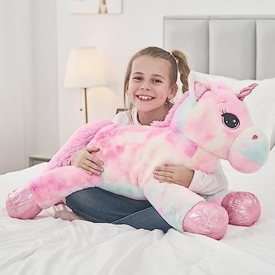 MorisMos 32in Giant Rainbow Pink Unicorn Stuffed Animals Soft Cotton Toys PP Filling Cute Birthday Decorations Bags Included