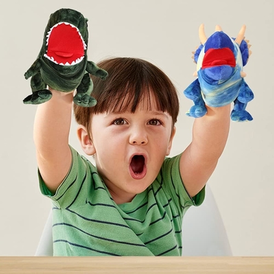 MorisMos 15-Inch Blue Triceratops Hand Puppet Unisex Movable Mouth Stuffed Toy Dinosaur Great Role Play Plush Bear Gift for Kids