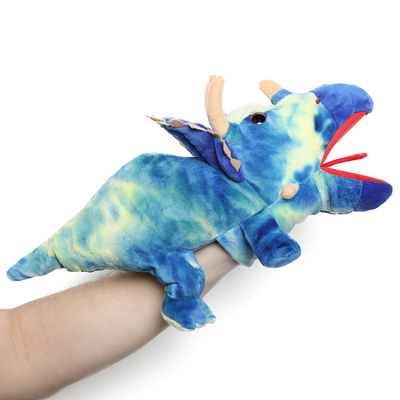 MorisMos 15-Inch Blue Triceratops Hand Puppet Unisex Movable Mouth Stuffed Toy Dinosaur Great Role Play Plush Cotton Polyester