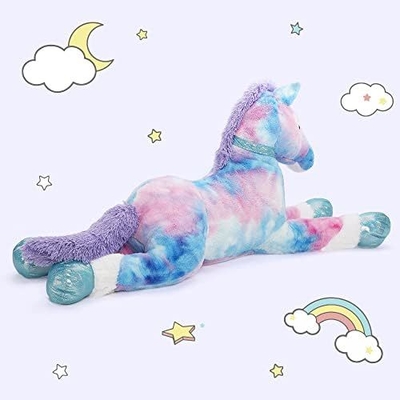 MorisMos 35 Inch Soft Blue Cotton Pony Stuffed Animal Pillow Large Horse Toy with Weighted Features for Boys Girls' Parties
