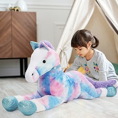 MorisMos 35 Inch Soft Blue Cotton Pony Stuffed Animal Pillow Large Horse Toy with Weighted Features for Boys Girls' Parties