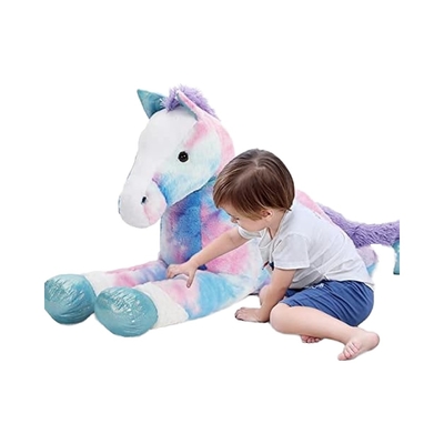 MorisMos 4ft Blue Giant Horse Stuffed Animal 47inches Soft Plush Pillow PP Filled Large Toy Kids Unisex Embroidered ODM