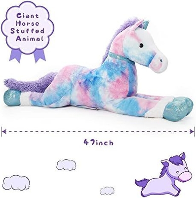 MorisMos 4ft Blue Giant Horse Stuffed Animal 47inches Soft Plush Pillow PP Filled Large Toy Kids Unisex Embroidered ODM