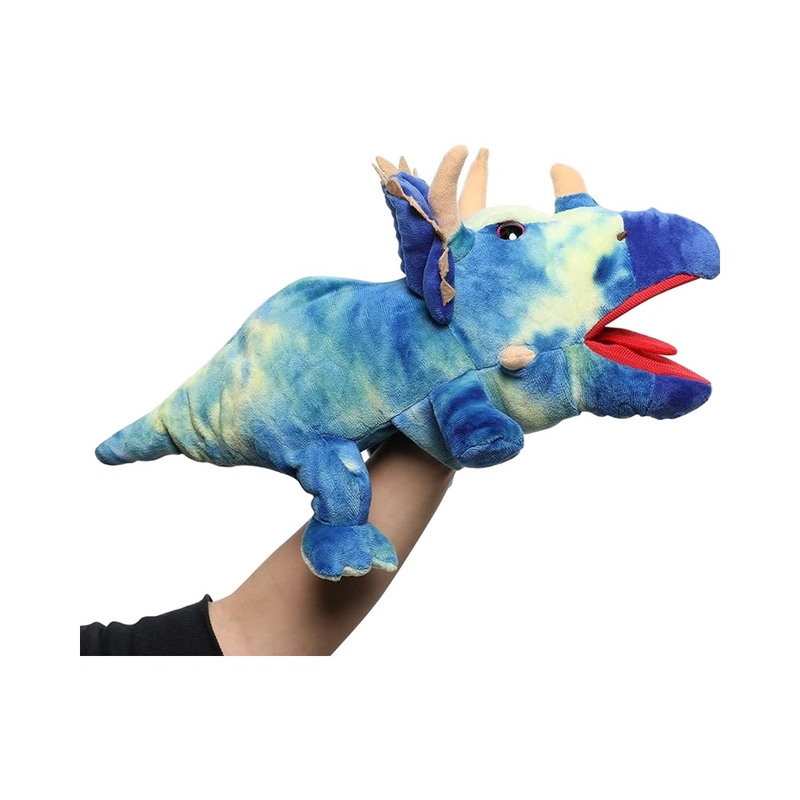 MorisMos 15-Inch Blue Triceratops Hand Puppet Unisex Movable Mouth Stuffed Toy Dinosaur Great Role Play Plush Bear Gift for Kids