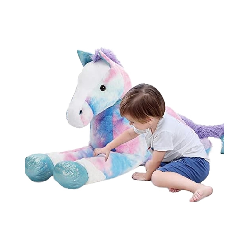 MorisMos 4ft Blue Giant Horse Stuffed Animal 47inches Soft Plush Pillow PP Filled Large Toy Kids Unisex Embroidered ODM